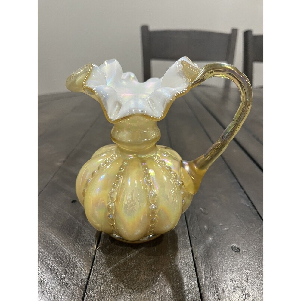 Fenton Honey Amber Opalescent Cased Glass Beaded Melon Ruffle Pitcher Iridescent